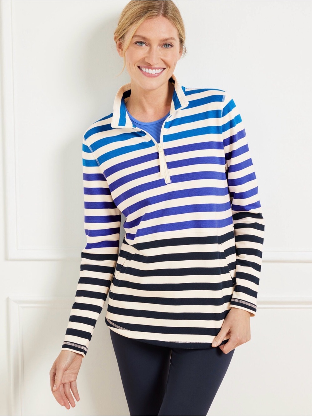 T by Talbots Women's MODAL FRENCH TERRY HALF-ZIP PULLOVER - YORK STRIPE size P